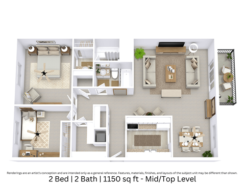 Floor plan for 2 beds, 2 baths, 1150 sqft